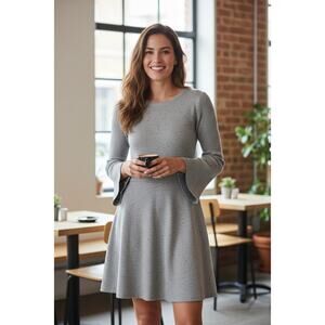 Ann Taylor Women's Marled Gray Ribbed Dress Bell Sleeves Size Large